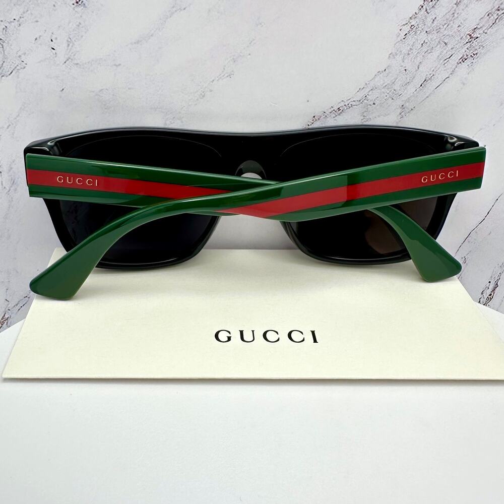 New Gucci Sunglasses Polarized Black Square Red Green Web Arms 56mm Gray Lens - Picture 7 of 15